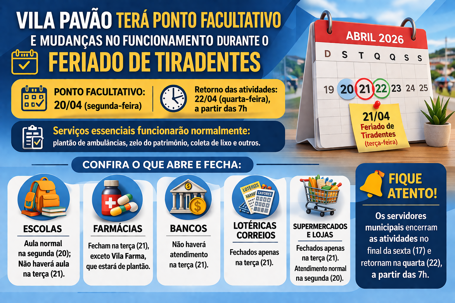 NOTÍCIA: Município terá ponto facultativo e mudanças no funcionamento durante o feriado do Dia de Tiradentes