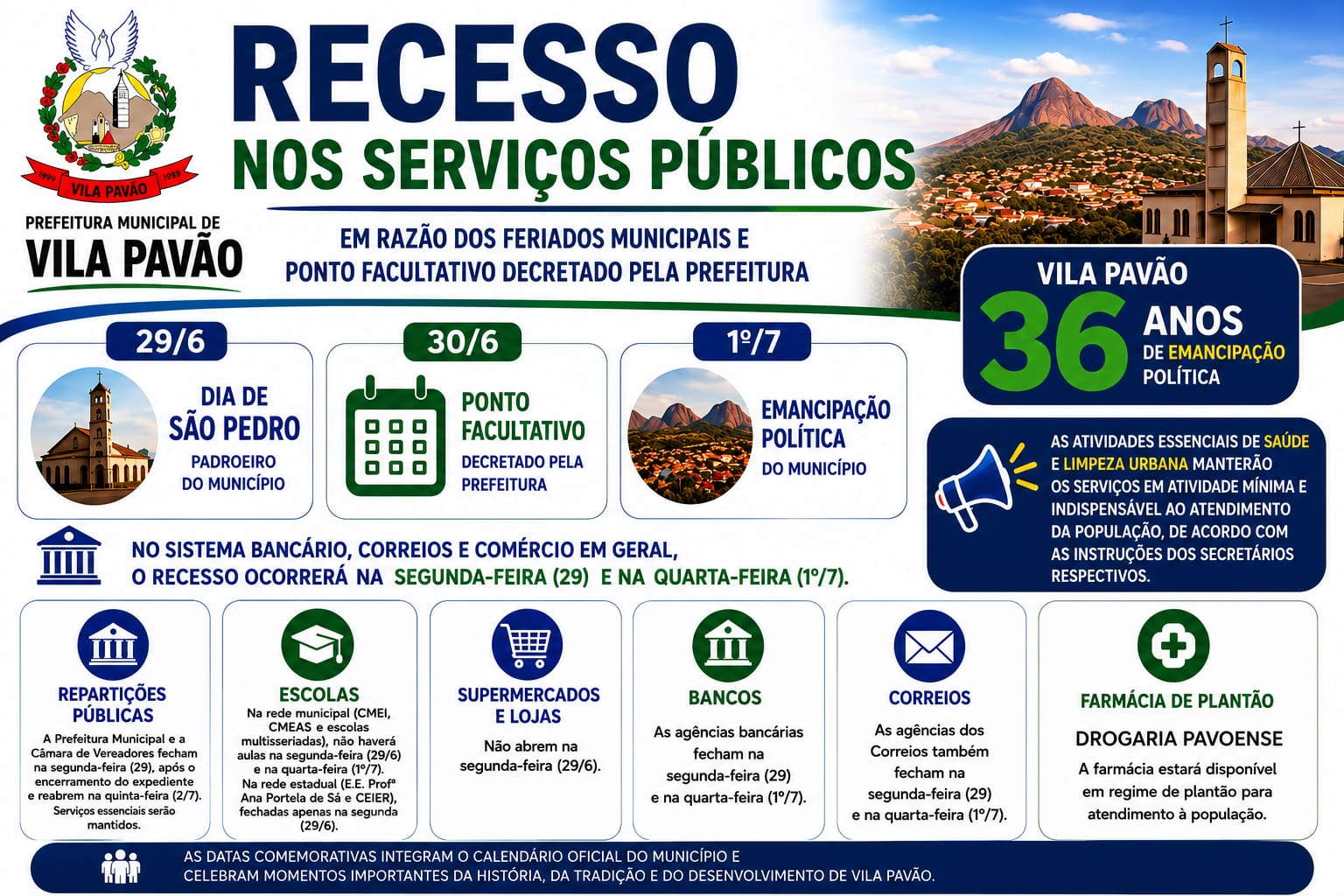 NOTÍCIA: São Pedro e Emancipação Política: município terá semana com recesso nos serviços públicos