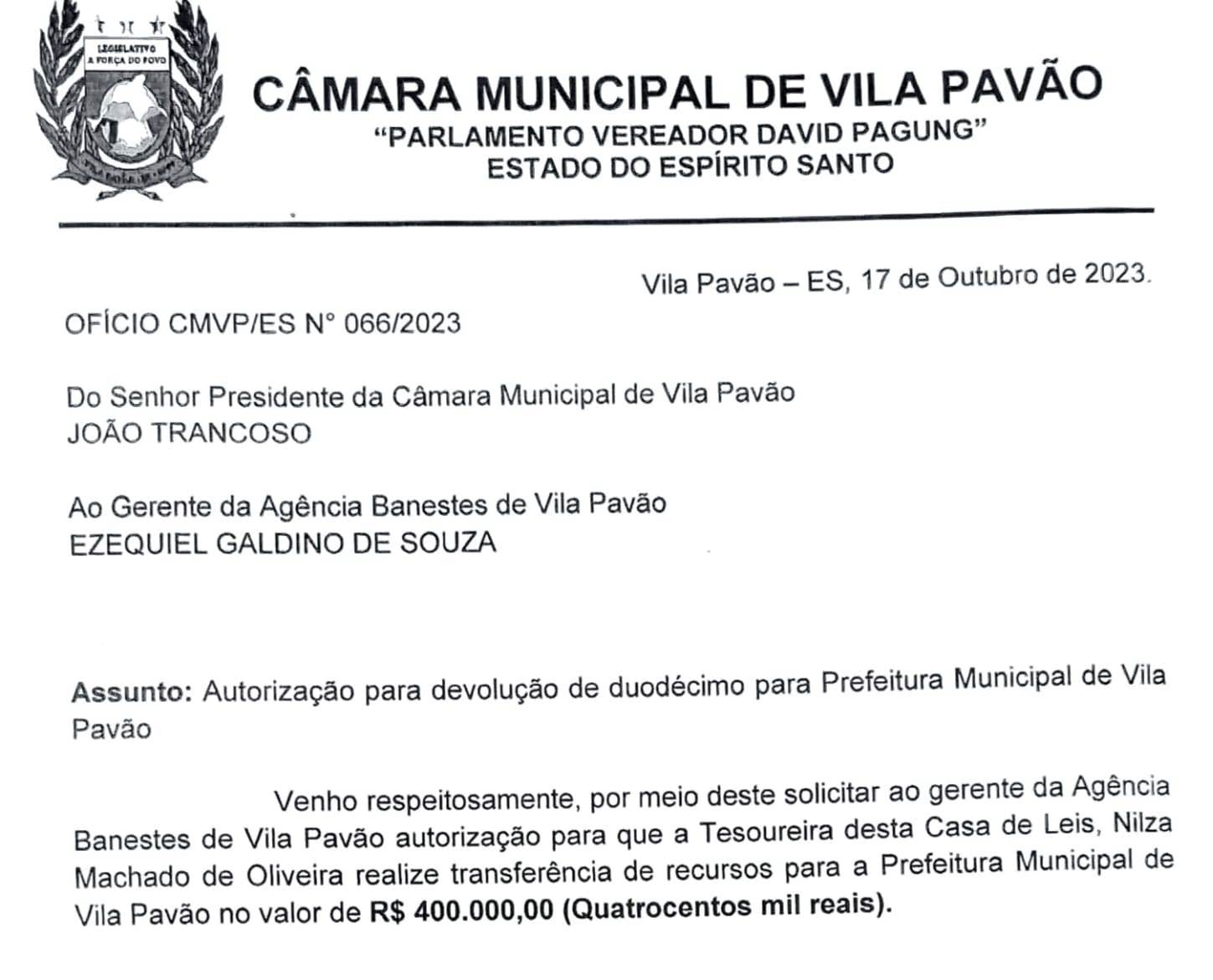 Câmara Municipal devolve mais R$ 400 mil aos cofres da Prefeitura