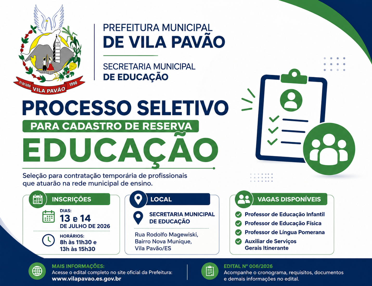 Imagem da notícia: Prefeitura de Vila Pavão abre Processo Seletivo Simplificado para formação de cadastro de reserva na Educação