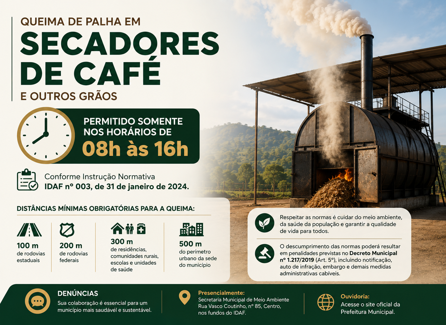 Imagem da notícia: Prefeitura reforça orientações sobre queima de palha em secadores de café durante a colheita
