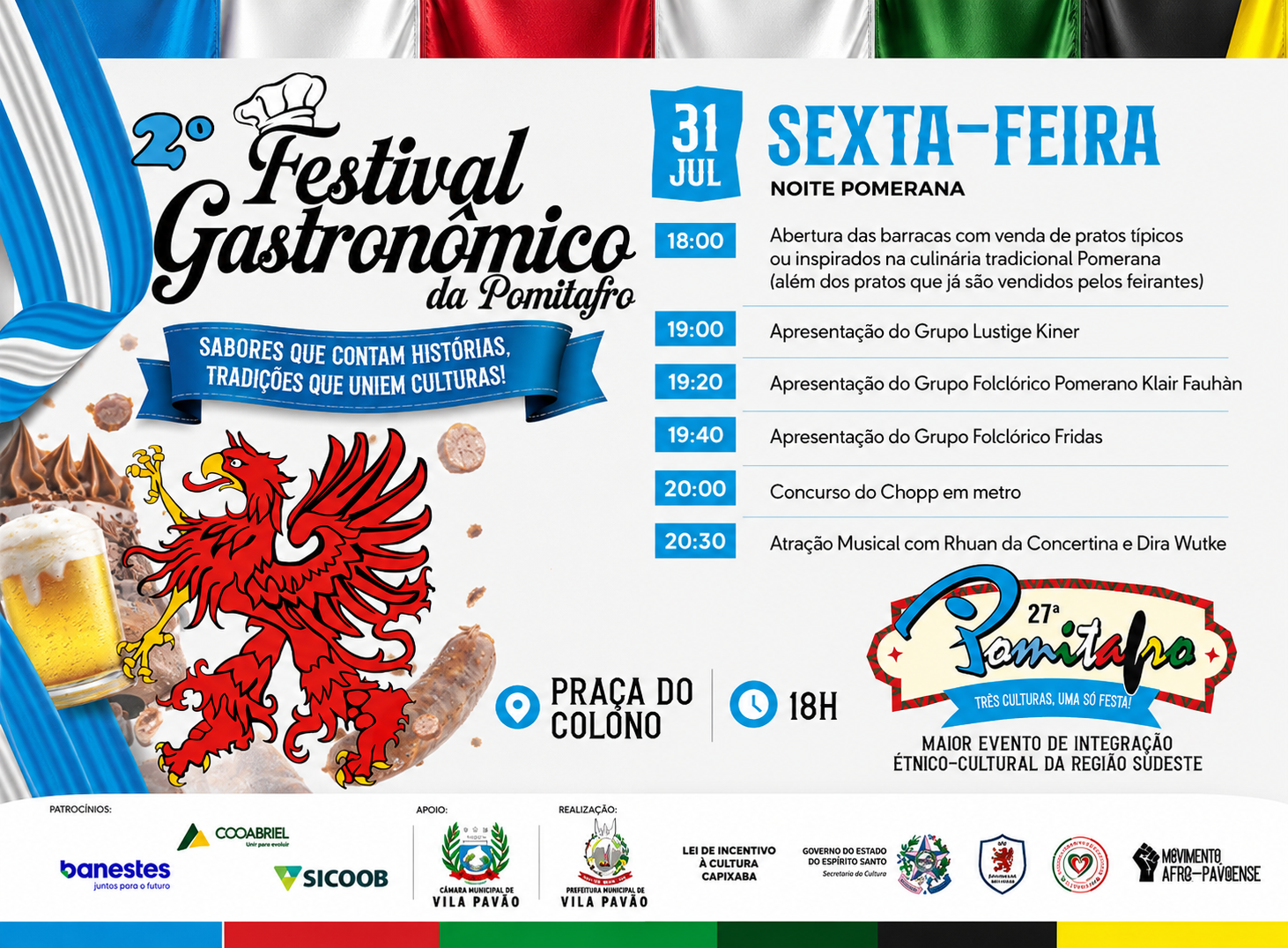 Imagem da notícia: Noite Pomerana abre 2º Festival Gastronômico da Pomitafro com cultura, música e sabores típicos em Vila Pavão