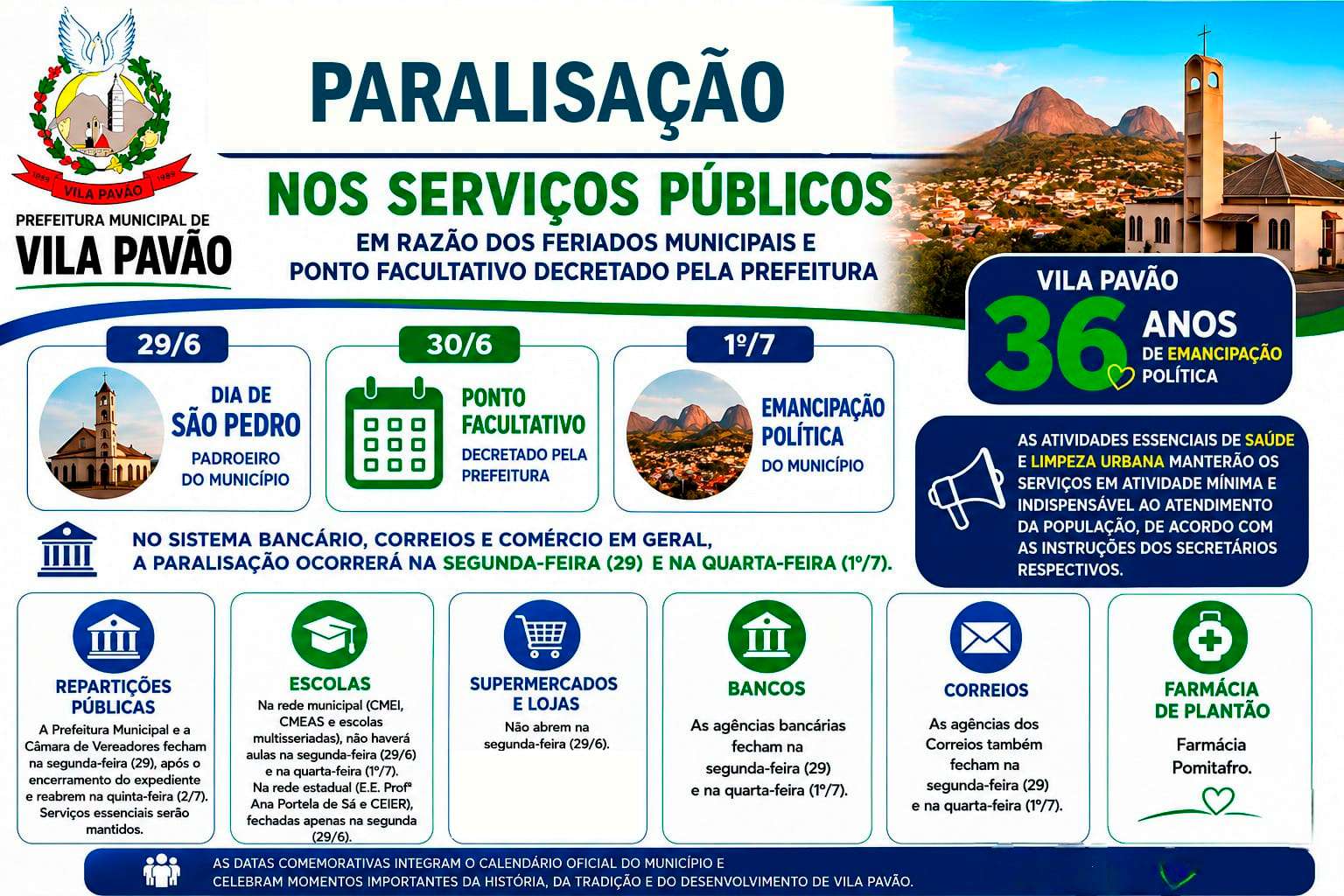 Imagem da notícia: São Pedro e Emancipação Política: município terá semana com paralisação nos serviços públicos